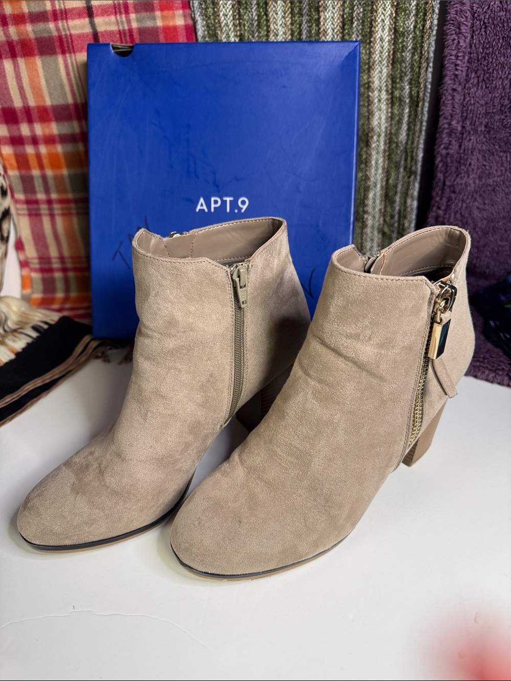 Apt. 9 Neutral Taupe Suede Ankle Booties with Side Zip Detail